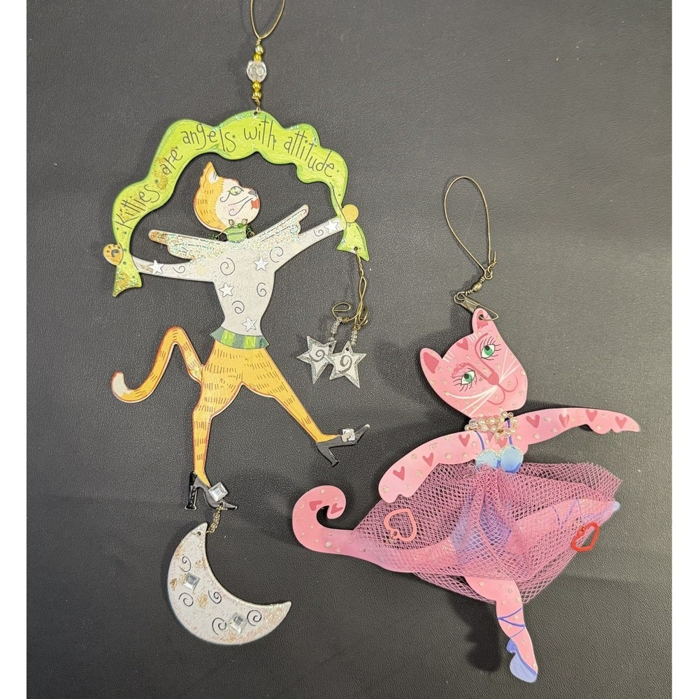2 ROSSI Whimsical Cat Ornament Kitties Are Angels with Attitude Cat Ornaments